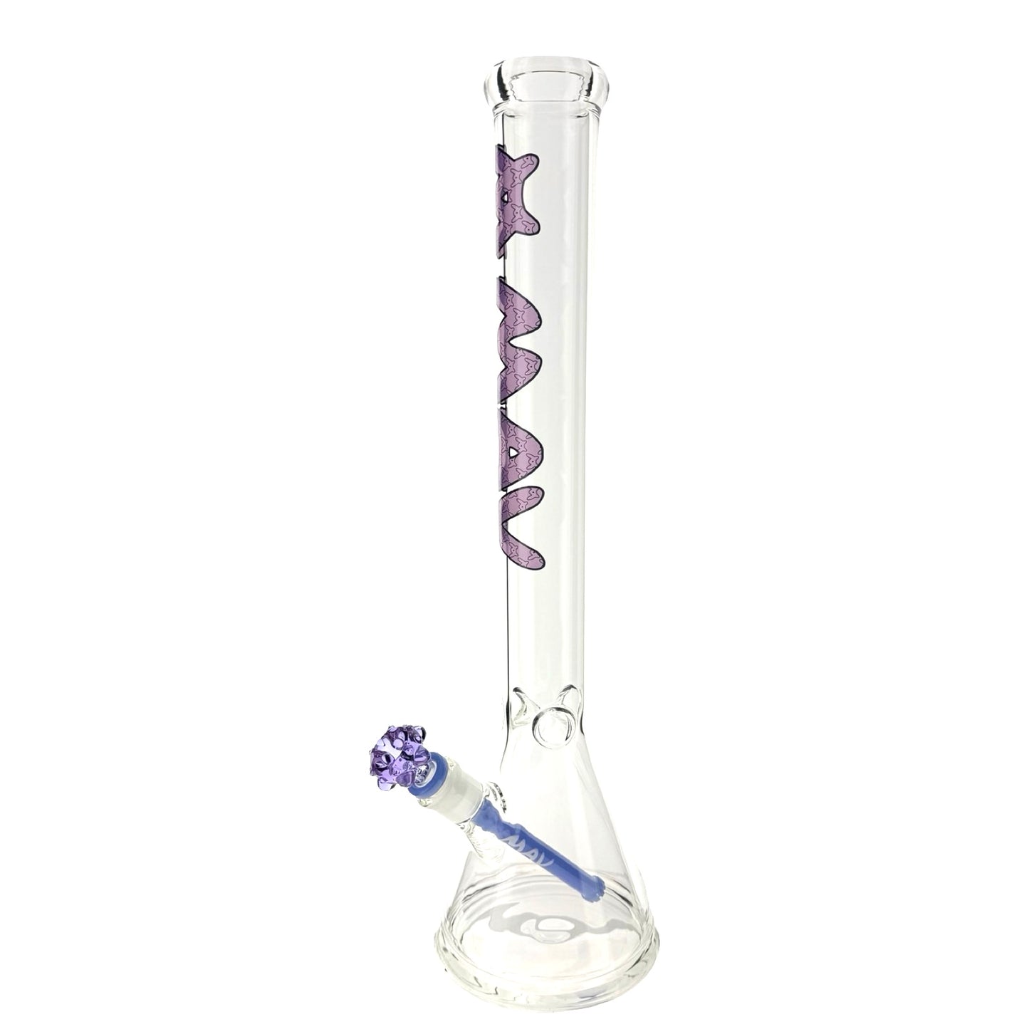 Clear glass smoking device with purple accents on a white background
