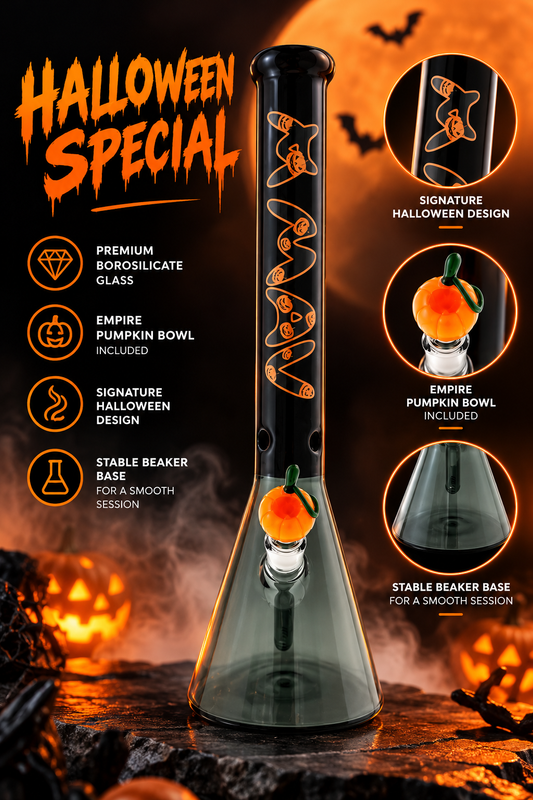 18" x 5mm Halloween Special Drop 18"  Beaker Bong Full Black Pumpkin x Empire Glassworks pumpkin bowl