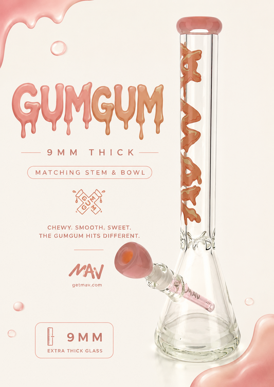 THE GUMGUM 9mm 18" thick pink top colored beaker bong+ matching stem and bowl