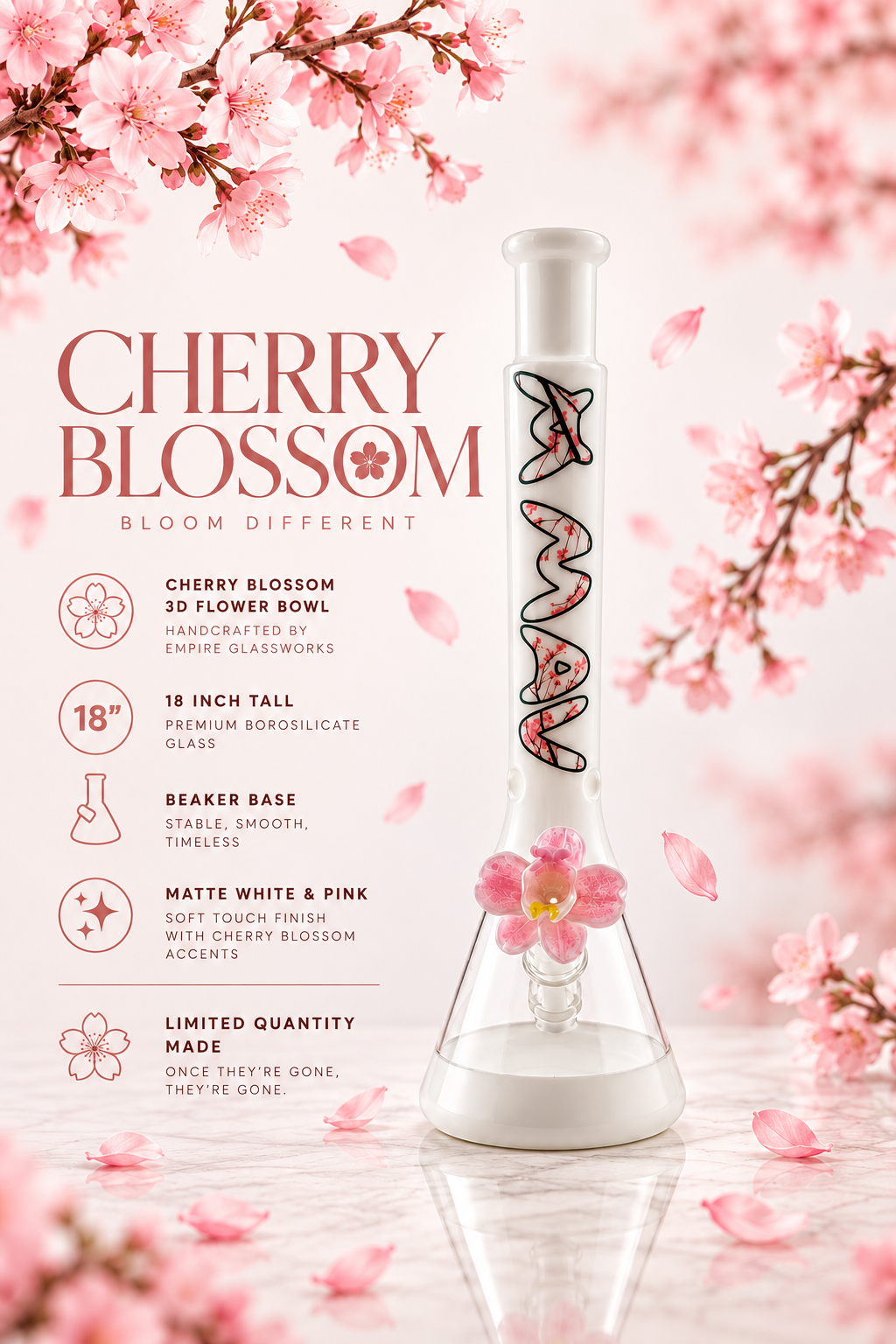 The Cherry 18 inch whiteout beaker bong by Empire Glassworks with cherry blossom logo and matching orchid bowl