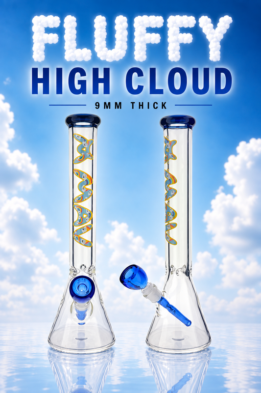 THE FLUFFY CLOUD 9mm 18" thick blue top colored beaker bong+ matching stem and bowl