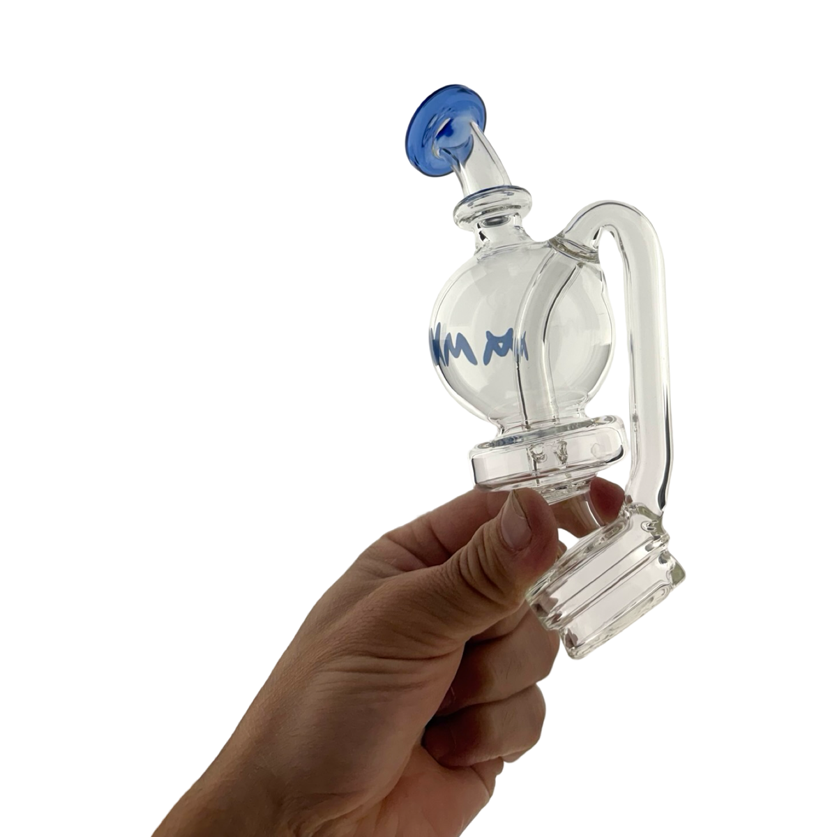 Blue Bubble Loopcycle Top Puffco Peak attachment, clear glass recycler with blue mouthpiece