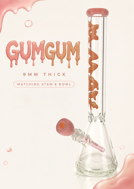 THE GUMGUM 9mm 18" thick pink top colored beaker bong+ matching stem and bowl