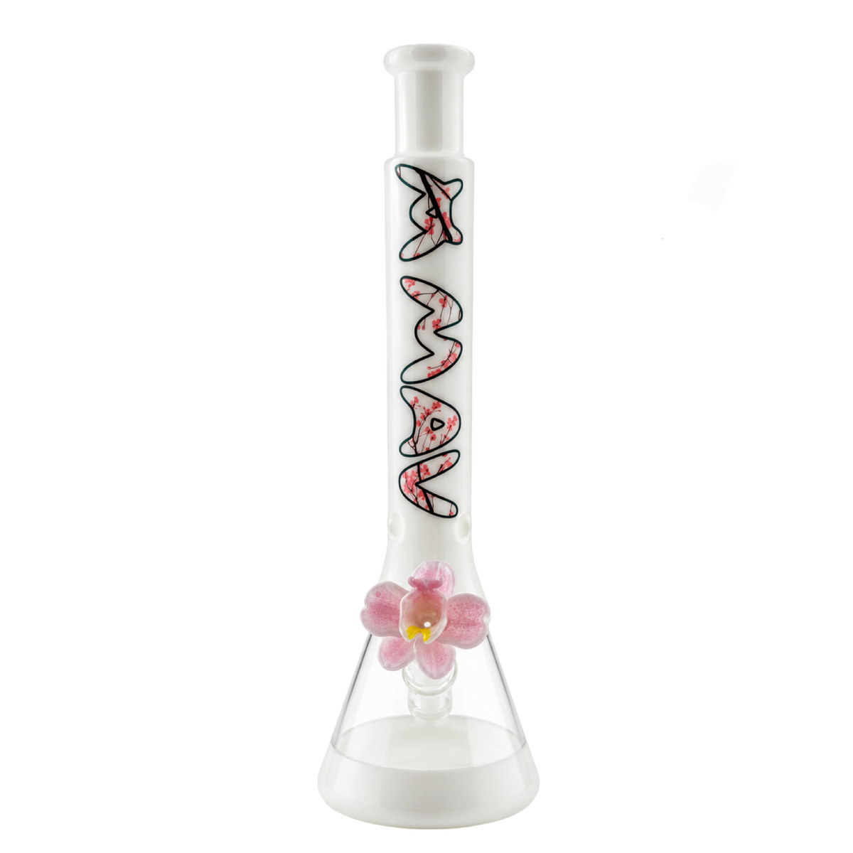Front view of The Cherry 18 inch whiteout beaker bong with cherry blossom logo on a white background