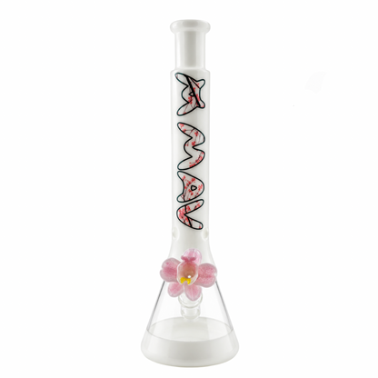 Front view of The Cherry 18 inch whiteout beaker bong with cherry blossom logo on a white background