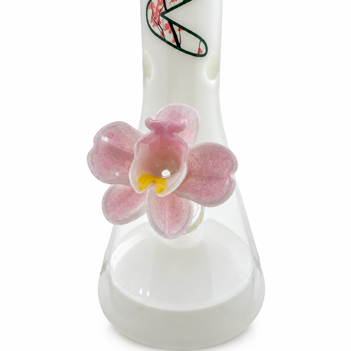 Close-up of the white orchid flower bowl by Empire Glassworks included with The Cherry beaker bong