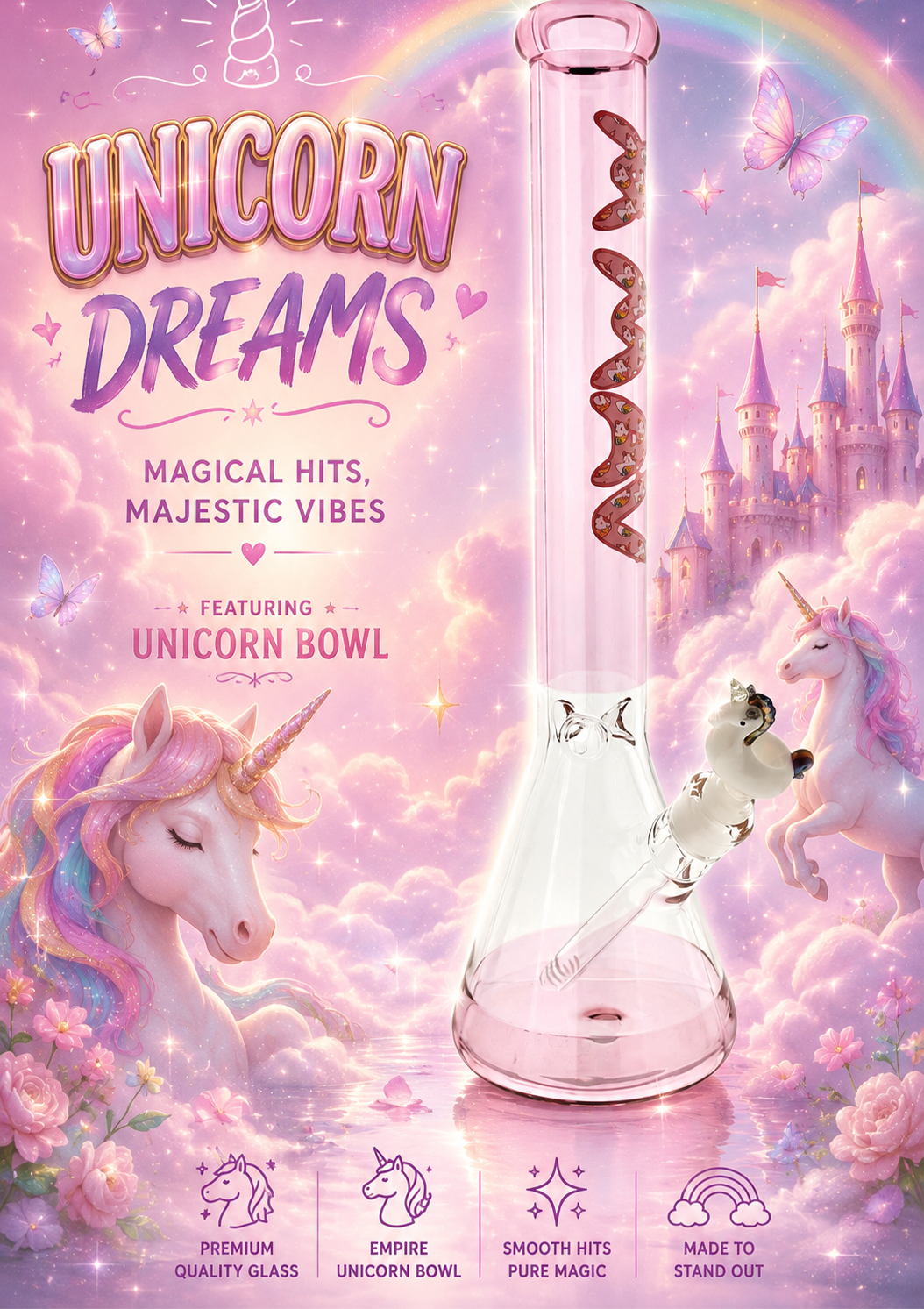 18" MAV full color pink Unicorn Logo Beaker Bong + Empire Glassworks Unicorn